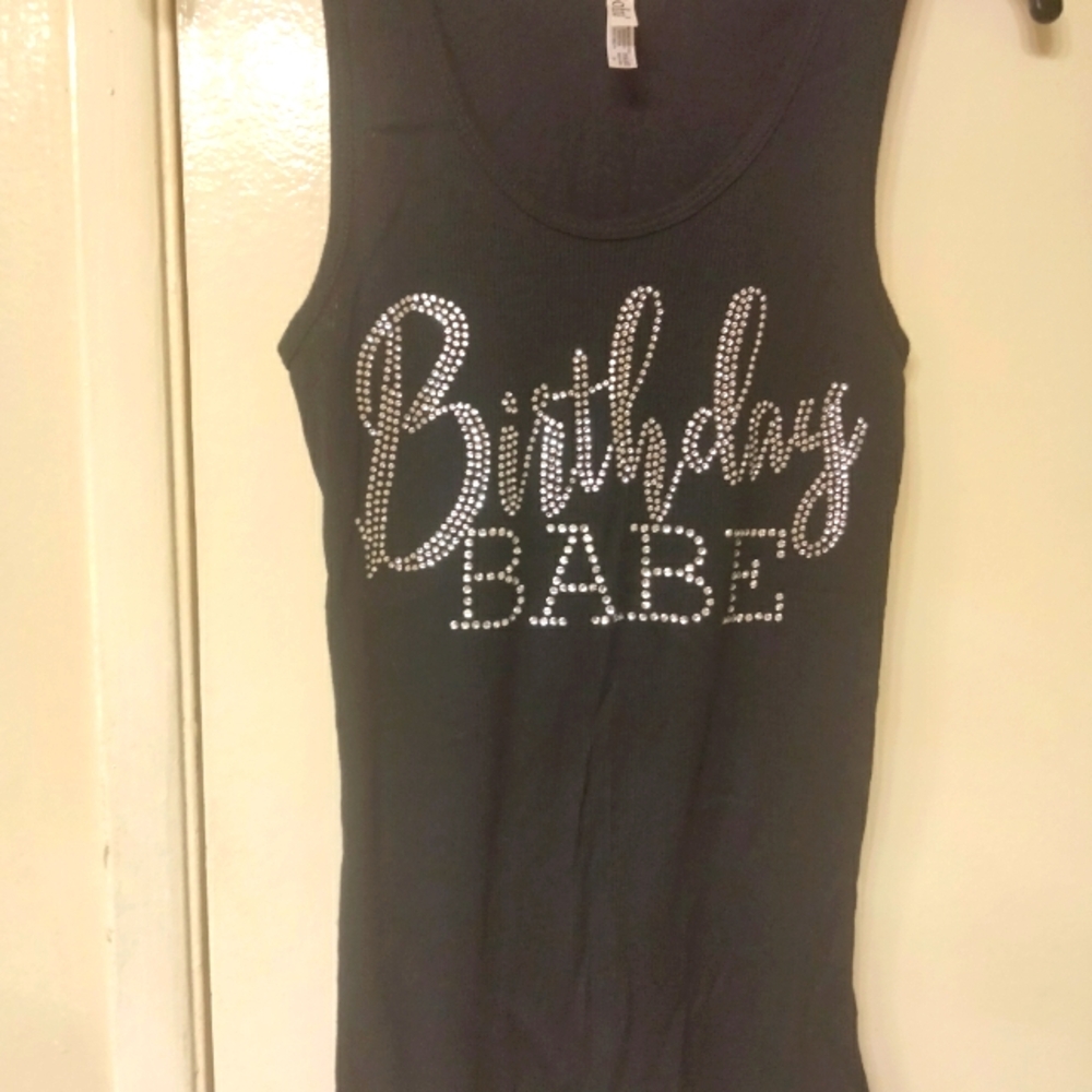 Birthday Babe Tank top, clear crystal rhinestone in Black. Size Large
